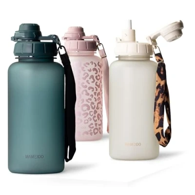 Imagen de MAMEIDO Botella 1 litro con pajita y marcador de tiempo, Botellas agua a prueba fugas, niños sin BPA, gimnasio fabricada en Tritan, Water Bottle (Ocean Bloom, 1000ml)