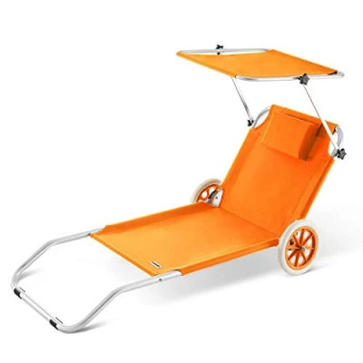 Imagen de CASARIA Tumbona Jardín Silla Playa Portatil Carrito Plegable 2 Ruedas 150x52cm 115Kg Parasol Cojin