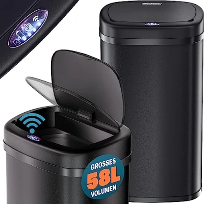 Imagen de Monzana® Cubo de Basura 58L Apertura y Cierre Automático Sensor Movimiento Acero Inox. Pantalla LED Cable USB Negro
