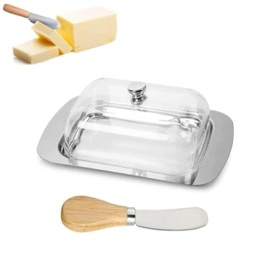 Imagen de Hisdricus Mantequera Mantequillero Mantequillera de Acero Inoxidable con Tapa Plástica y Espátula Butter Dish para Almacenar Queso, Pasteles, Postres, Embutidos Frutas Pequeñas