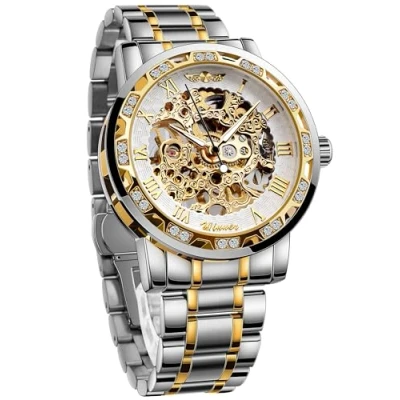 Imagen de Winner reloj de pulsera Mecánico manual retro con diamantes y flores talladas para hombre, clásico números romanos, PlateadoBlanco,