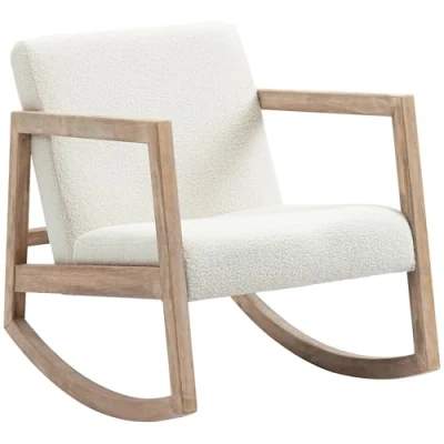 Imagen de HOMCOM Mecedora Tapizada en Borreguito Silla con Patas de Madera Caucho y Reposabrazos para Lactancia Carga 150 kg Dormitorio Salón Crema