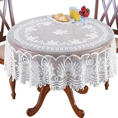 Imagen de NC AMIPOS Mantel de Encaje Blanco con Ganchillo, Lavable poliéster Jacquard, para Fiesta Boda, Restaurante, Banquete, pícnic, decoración (Blanco, Redondo, 180 cm)