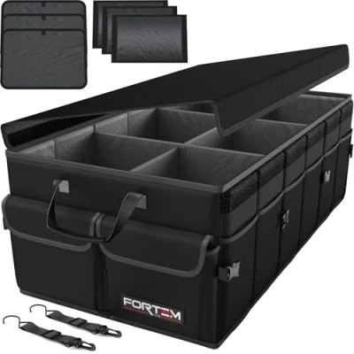 Imagen de FORTEM Organizador de Maletero Coche y SUV para Almacenamiento Caja Plegable con 3 Compartimentos Extra Grande Base Antideslizante Cinchas Ajustables Tapa Extraíble