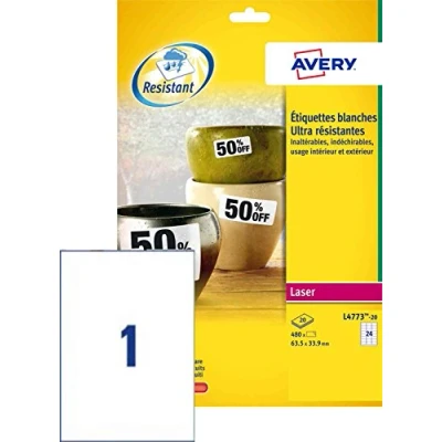 Imagen de Avery L4776 20 etiquetas adhesivas extrafuertes resistentes a la intemperie, blancas, 12 por hoja A4