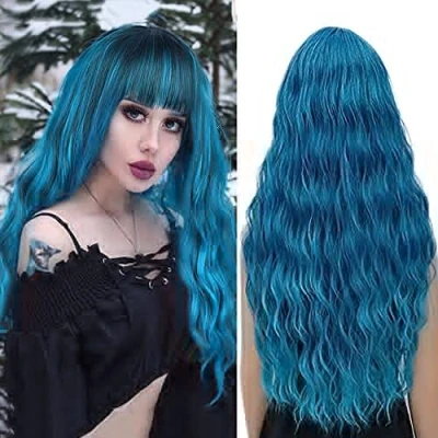 Imagen de Pelucas azul mujer con flequillo pelo natural larga ondulada, YEESHEDO peluca de largo suelto y rizada, wavy ombre blue wig para mujeres niñas 28 &quot;