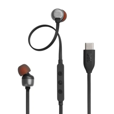 Imagen de JBL Tune 310 C USB Auriculares intraaurales con micrófono y audio de alta resolución, cable plano antienredos, 3 botones control, control preajustes volumen EQ, en negro