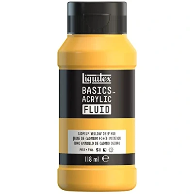 Imagen de Liquitex Basics Fluid Pintura acrílica de consistencia fluida, secado rápido, resistente a la luz, impermeable, acabado satinado permanente, bote 118 ml, tono amarillo cadmio oscuro