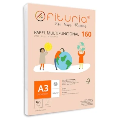 Imagen de Paquete de folios A3 160gr con 50 Hojas Blancas, Papel Multifuncional para Uso Escolar y Entornos Laborales. Ideal impresoras láser, inyección o fotocopiadoras Ofituria