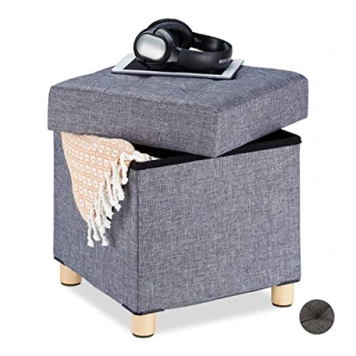 Imagen de Relaxdays Puff Almacenaje, Taburete Plegable Cuadrado con Patas, DM Tela Madera, 1 Ud, 40 x 38 cm, Gris Oscuro, Poliéster