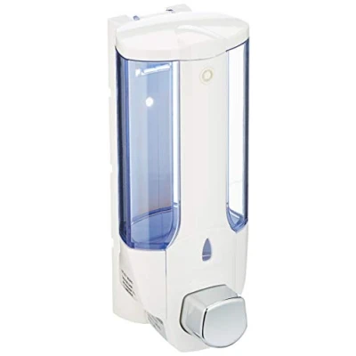 Imagen de axentia Dispensador de jabón manual pared (capacidad 380 ml), Dosificador champú, gel ducha, loción cuerpo, Dispenser para baño y cocina 19/9,8/9 cm color blanco/azul