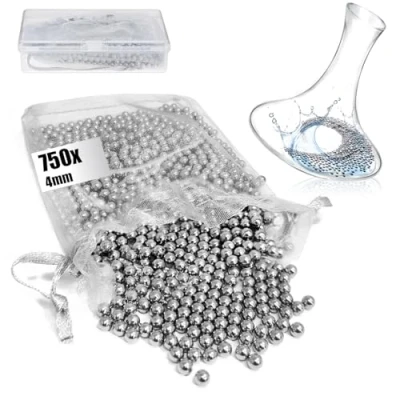 Imagen de COM FOUR® Perlas de limpieza acero inoxidable 750x con caja almacenamiento efectivas para botellas vidrio, jarras y decantadores vino