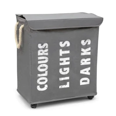 Imagen de Hausratplus Cesto para la ropa sucia, con 3 compartimentos, ruedas, color gris