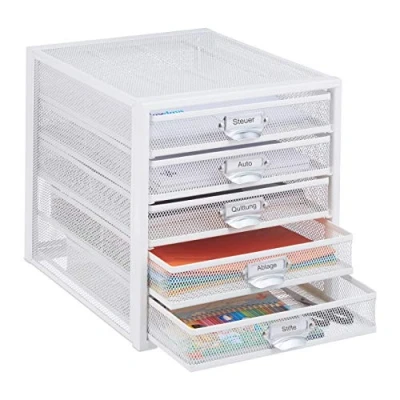 Imagen de Relaxdays Caja Organizadora, 5 Cajones, Organizador de Escritorio, con Rótulos, Rejilla, 29x27,5x35,5 cm, Acero, Blanco