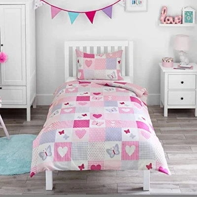 Imagen de Bloomsbury Mill Juego de Funda Nórdica para Cuna/Bebe Diseño Corazones y Mariposas Rosas Ropa Cuna Niñas Almohada Reversible Cama Infantil/Niño Pequeño 120 x 150 cm