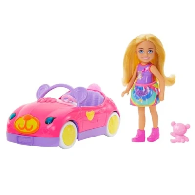 Imagen de Barbie Chelsea, Muñeca Rubia pequeña con Coche de Juguete Rosa descapotable Forma Oso, Incluye Falda, Zapatos y Osito Peluche, Regalo para niños niñas +3 años, HXN05