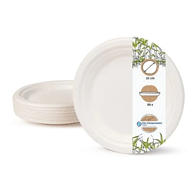 Imagen de BIOZOYG Vajilla ecológica de bagazo Desechable I 50 piezas Platos caña azúcar blanca Redondo blanqueada 22 cm Bio plato comer fiesta