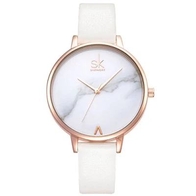 Imagen de Alienwork Reloj Mujer Oro Rosa Pulsera de Cuero Blanco Ultra Delgada Elegante
