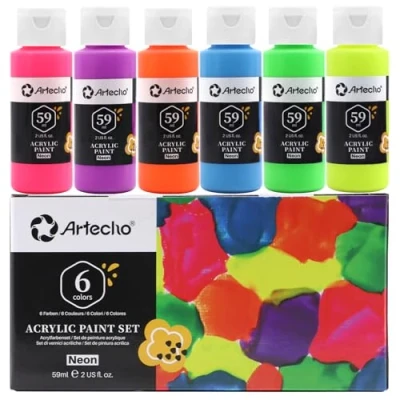 Imagen de Artecho Pinturas Acrilicas Fluorescente 6 x 59 ml, Neon Pintura, bajo luz UV, para Lienzos, Textil, Madera, Cristal, Piedras.