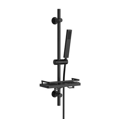 Imagen de Görbach Conjunto de Ducha con Estante Ducha, Columna sin Grifo Teleducha y Manguera, Acero inoxidable Barra 70cm Deslizador Soporte Pared Ajustable, Negro mate