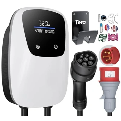 Imagen de Tera Cargador para vehículos eléctricos Reserva de 32A Tipo 2, estación Carga doméstica 22KW Wallbox 400V, Cable 7m, Certificado CE y TÜV con Soporte Conector CEE