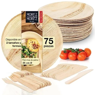 Imagen de Moritz &amp; vajilla de 75 piezas hoja palmera redonda 25 cm Ø incl. cubiertos desechables platos sostenibles alternativa a la bambú y los