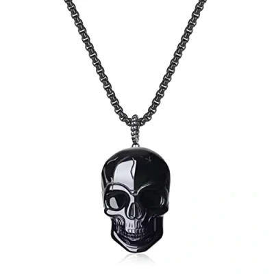 Imagen de COAI Collar de Acero Inoxidable con Colgante Calavera Obsdiana Negra Piedra Natural para Hombre