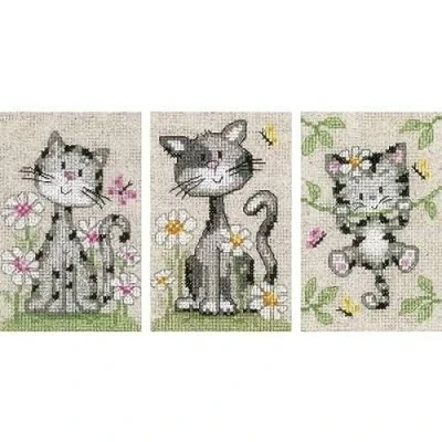 Imagen de Vervaco Miniaturen Katzen mit Blumen, 3er Set Kit de Punto Cruz, Poliéster, Aspect Lin, 1