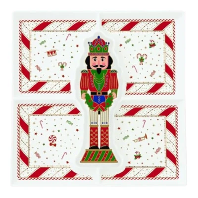 Imagen de Easy Life Bandeja aperitivo navideño de porcelana con soldado cascanueces vintage &quot;Nutcracker Twist&quot; 25x25 cm
