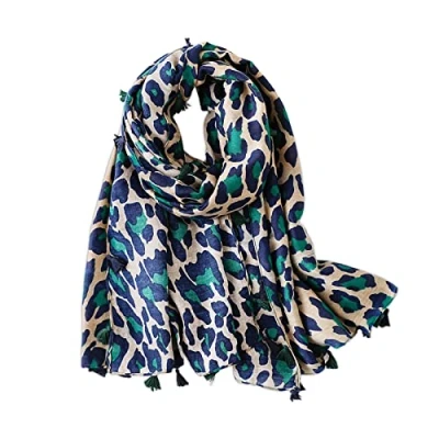 Imagen de LumiSyne Bufandas Mujer Moda Leopardo Patrón Estampado Animal Vintage Étnico Algodón Lino Pañuelo Con Borlas Largo Cálido Fular Chal De Playa Toda La Temporada