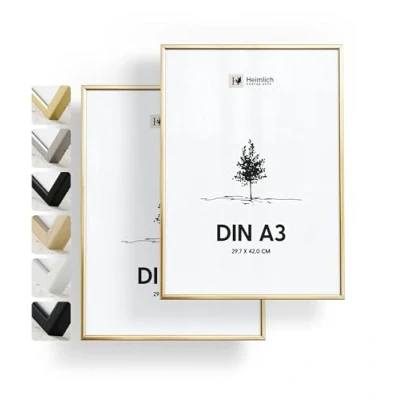 Imagen de Heimlich® 2xMarco de fotos A3 Aluminio Dorado marcos cuadros Vidrio Acrílico Irrompible Grano Visible Duradero Fácil Colgar Para Decoración Pared y Hogar marco