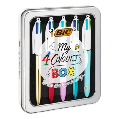 Imagen de BIC My 4 Colours Box caja de 5 Bolígrafos colores (Shine y Fun) en una bonita metálica Bolígrafo retráctil con tintas surtidos