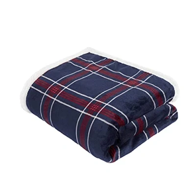 Imagen de Sleepdown Manta de Franela con Estampado Cuadros Lujo, Color Azul Marino, Supersuave, cálida y acogedora, Reverso Sherpa, 150 cm x 200