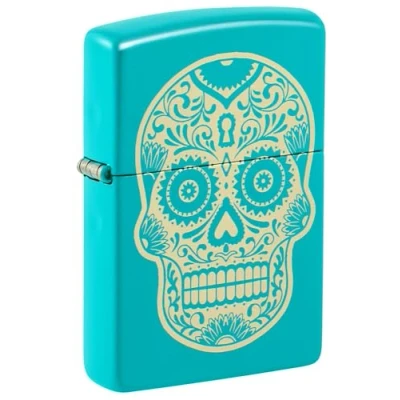 Imagen de ZIPPO Sugar Skull Design Laser Engraved Flat Turquoise Mechero de tormenta, Recargable, en Caja Regalo
