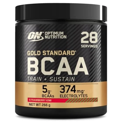 Imagen de Optimum Nutrition Gold Standard BCAA Train + Sustain, Aminoácidos Polvo Pre Entrenamiento, Bebida Deportiva con Vitamina C, Zinc, Magnesio y Electrolitos, Sabor Fresa Kiwi, 266 g