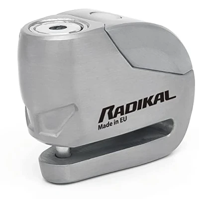 Imagen de RADIKAL RK9Z Candado Moto Disco Alarma 120db Botón ON, Warning Avisador, 100% Metal Impermeable, Pila Litio, Antirrobo Pinza Freno Metálico Universal para Motos Scooter Bicicleta Electrica Patinete