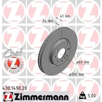 Imagen de ZIMMERMANN COAT Z 430.1490.20 Disco de freno 260 24 7/4 4 100 ventilación interna revestido OPEL: Corsa C Hatchback, Meriva A, Combo Tour