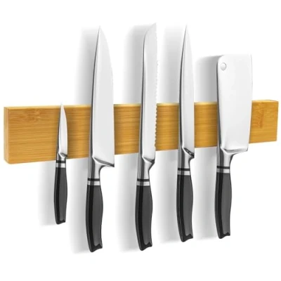 Imagen de Baxcdyswe 40 cm Iman Cuchillos de Cocina, Barra Magnética Madera para Cuchillos, en Pared Soporte Magnetico Adhesivo con Fuerte o Atornillado Taladrar