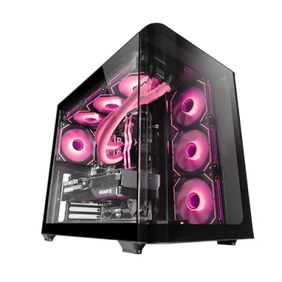 Imagen de MARSGAMING MC Fusion, Caja Gaming ATX, Ventana Lateral Completa y Frontal Curvo Cristal Templado Continuo, Semitorre PC Doble Cámara, Soporte Refrigeración Líquida, Espacio Interno Optimizado, Negro