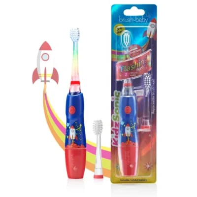 Imagen de Brush Baby KidzSonic Cepillo de dientes eléctrico Rocket para niños pequeños, luces discoteca, temporizador inteligente, cerdas hilo dental DeepClean sin BPA el cuidado las encías,