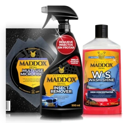 Imagen de Maddox Detail Kit de Cuidado Total para Automóviles Insect Remover, Wash &amp; Shine + Multi Use Microfiber Limpieza, Protección y Brillo Superior 2x500ml