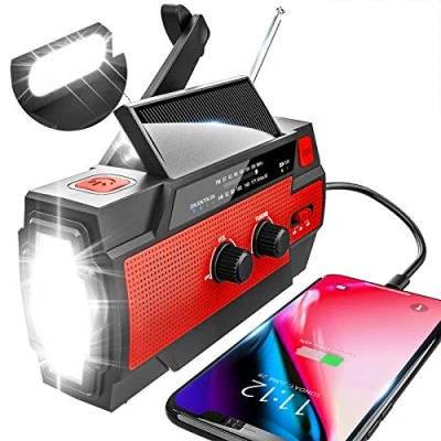 Imagen de YIKANWEN radio solar, AM/FM, portátil, USB, con batería recargable de 4000 mAh y dinamo manivela para camping, viajes (rojo)