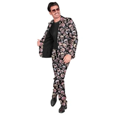 Imagen de W WIDMANN MILANO Party Fashion Traje de calavera, chaqueta y pantalón, brilla bajo luz ultravioleta, esqueleto, disfraz Halloween