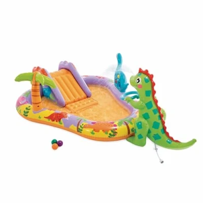 Imagen de Intex Centro de Juegos acuático Dino Park, 201x157x69 cm, Dinosaurio Hinchable, Tobogán con Base Acolchada, Rociador Agua, Juego Bolas (Incluidas), 54 kg máx., +2 años, Kit reparación (56139)