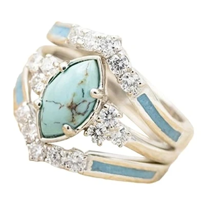 Imagen de GMBYLBY Juego de 3 anillos compromiso redondos color turquesa para mujer, anillo aniversario, Silver, como en la imagen