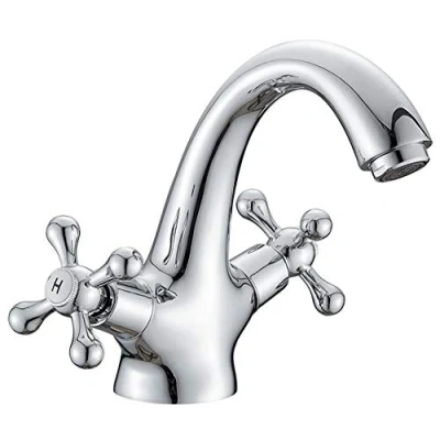Imagen de Grifo mezclador con dos mandos en cruz para lavabo, estilo victoriano tradicional, vintage, cromado