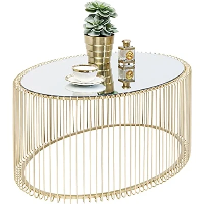 Imagen de Kare Design mesa de centro Wire Uno dorado, moderna forma ovalada con tablero cristal, marco en color latón, redonda, auxiliar sofa, centro, 40.5x90x60cm
