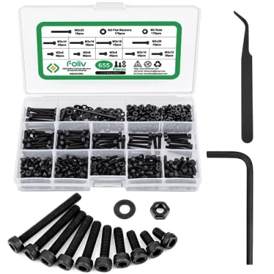 Imagen de Foliv juego de 655 tornillos M3, acero al carbono, negro, arandelas, arandelas hexagonales, con llave