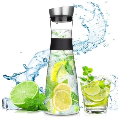 Imagen de FAMKEEP Jarra de Agua Vidrio,1200ml Botella Cristal y Tapa Inoxidable, Vidrio para Jugo Caliente Frío,Té,Leche Café
