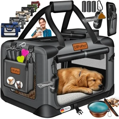 Imagen de LOVPET® Caja de Transporte para Perro y Gato, Bolsa Transporte, Plegable Incl. Comedero Bandolera, M 60x42x42cm Antracita